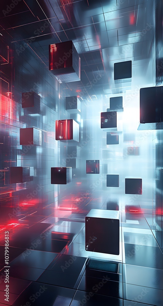 Poster 29. a futuristic 3d space with floating cubes, digital projections, and ample room for a product to 