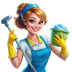 Portrait of young cleaner woman holding plastic wiper and detergent bottle looking at camera