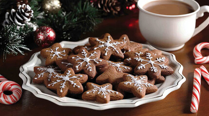 A plate of gingerbread cookies in the shape of stars, snowflakes and Christmas trees, accompanied by a cup of hot cocoa and candy canes, is set on the festive table, exuding a Christmas atmosphere.