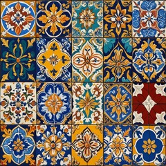 Brightly colored tiles with traditional patterns. Arranged neatly on the wall, each tile is painted with a unique design