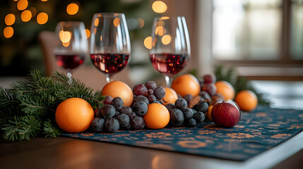 Still Life Photography of Wine Glasses, Oranges, Grapes, and an Apple