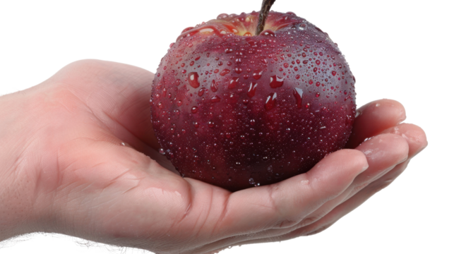 Hand holding apple on white transparent background
