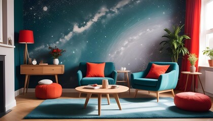 Scandinavian living room interior design zoom background,Doodle patterned wallpaper graphics