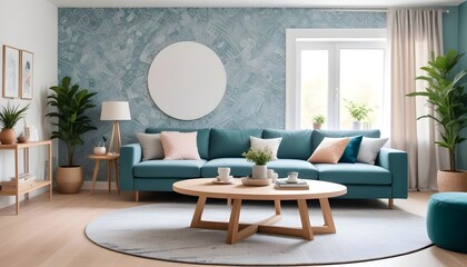 Scandinavian living room interior design zoom background,Doodle patterned wallpaper graphics