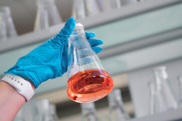 Laboratory technician holds a conical flask filled with orange liquid in a chemical lab during an...
