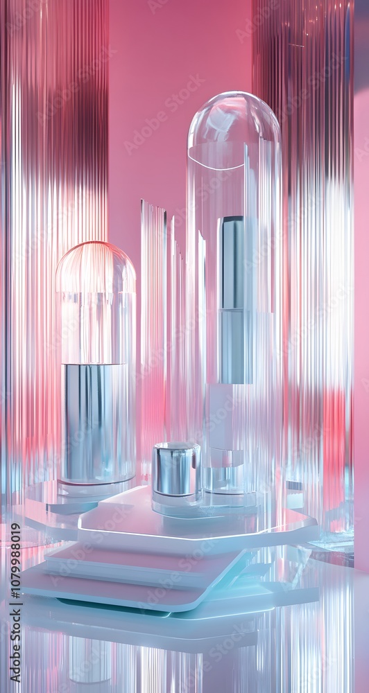 Poster 31. a high-tech 3d showcase with holographic structures, floating geometric elements, and space for 