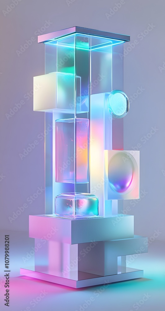 Aufkleber 31. a high-tech 3d showcase with holographic structures, floating geometric elements, and space for 