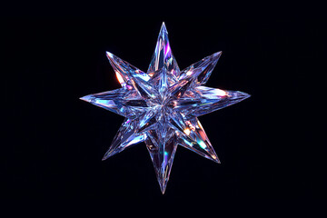A crystal star with iridescent details, flying in the air against a black background. 3D render. Hologram reflection, crystal flare leak shadow overlay.