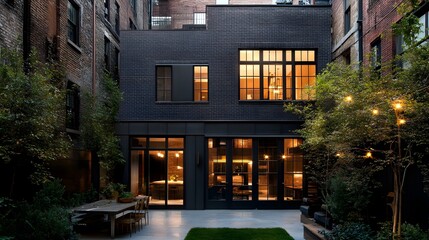 Fototapeta premium A modern townhouse with a dark brick exterior, large industrial-style windows, and minimalist landscaping, located in a bustling urban neighborhood