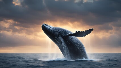 Humpback whale jumping on the surface of the water in the middle of the sea with sunlight covered by cloudy clouds.
