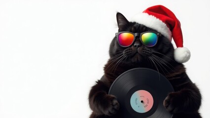 Black cat wearing Santa hat and colorful sunglasses holding a vinyl record on a white background with copy space. Christmas holiday and music concept, for greeting card, poster, invitation, banner