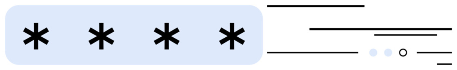 A password input field filled with asterisks, accompanied by progress indicators and lines. Ideal for apps, login screens, security tutorials, data protection, UI design, web development, education