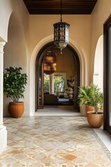 A Moroccan Riad villa with arched entrances, intricate tilework, and a peaceful inner courtyard with lush greenery, perfect for an exotic retreat