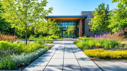 A beautifully landscaped area around an architect building, illustrating the integration of nature and design