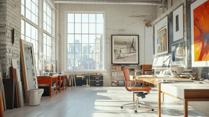 A bright and modern architect office with large windows, design materials, and inspiring artwork on the walls