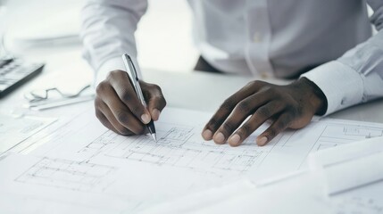 A close-up of a black architect sketching designs on paper, surrounded by creative tools and blueprints