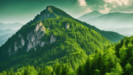 View of green and lush mountains with misty clouds in the blue sky