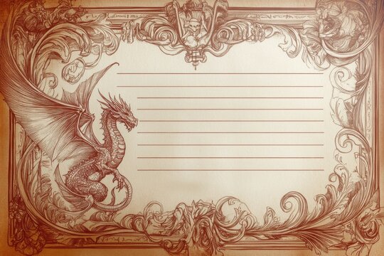 Minimalistic dragon illustration with intricate border design for artistic stationery