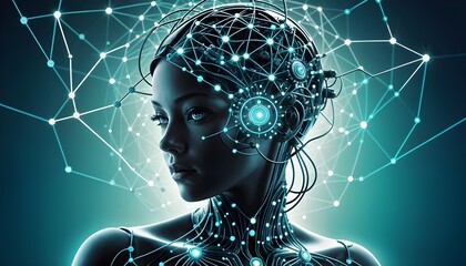 Futuristic Cybernetic Woman with Neural Network Connections,AI-Enhanced Woman with Neural Circuitry,Digital Neural Network