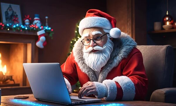 Santa working on his laptop by the fireplace during the holiday season, spreading joy and preparing for Christmas festivities 2023