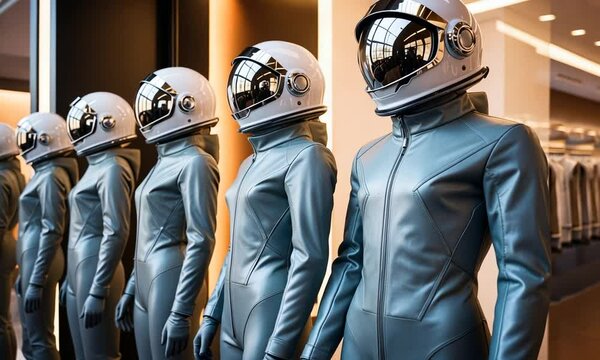 Astronaut mannequins display futuristic suits at a tech expo in a modern exhibition hall