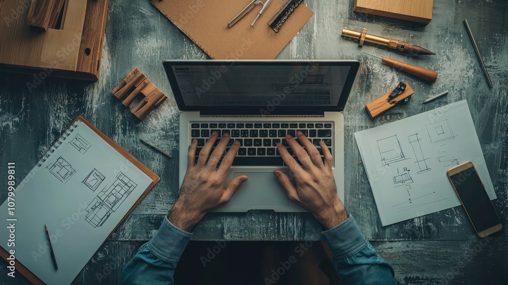 Poster a close-up of an architectâ€™s hands typing on a laptop, with sketch pads and tools surrounding them
