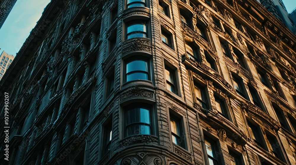 Poster a close-up view of an iconic building with unique features, emphasizing its architectural style