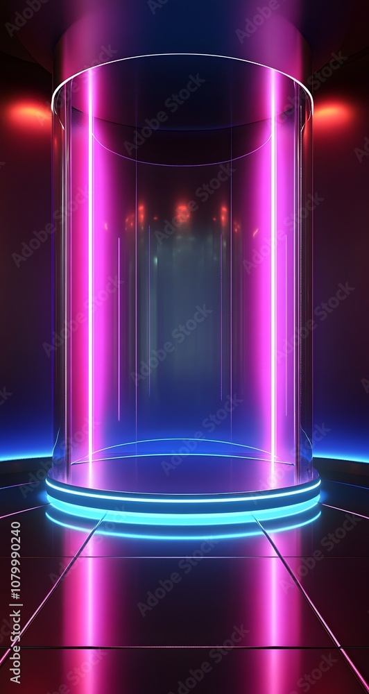 Poster 6. a polished 3d display with curved reflective surfaces, glowing lines, and a central empty space f