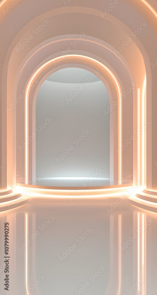 Poster 6. a polished 3d display with curved reflective surfaces, glowing lines, and a central empty space f