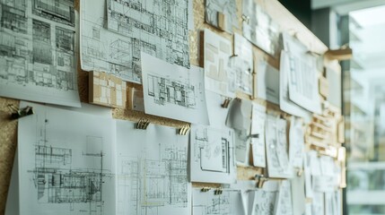 A collection of detailed architect drawings pinned to a board, showcasing various design ideas and concepts