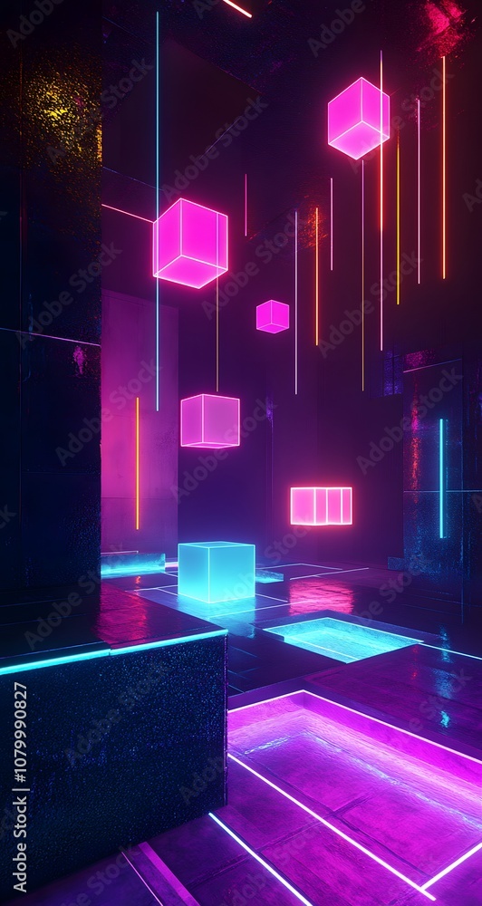 Poster 7. a dynamic 3d setting with floating cubes, neon lighting effects, and an open space for showcasing
