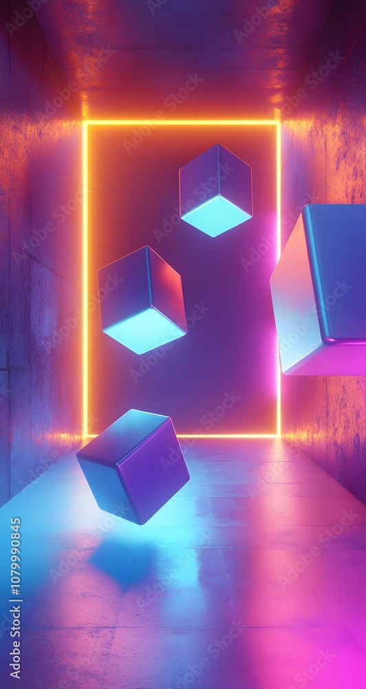 Poster 7. a dynamic 3d setting with floating cubes, neon lighting effects, and an open space for showcasing