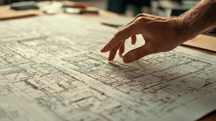 A detailed blueprint spread out on a table, with an architect's hand pointing to specific sections