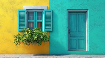 Vibrant wall with a window and door in contrasting colors.