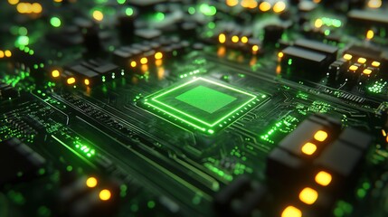 Obraz premium Abstract Green Circuit Board with Glowing Lights