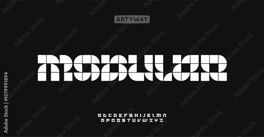 Poster modular tile alphabet, square module pattern letters, geometric grid font for digital logo, technolo