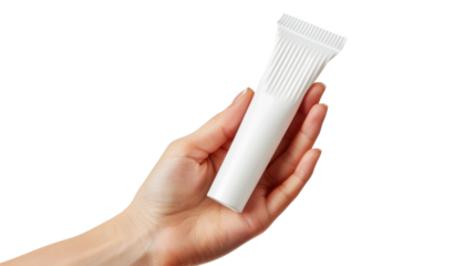Female hand holding blank white squeeze bottle plastic tube on white transparent background