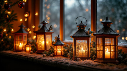 Fototapeta premium A warmly lit Christmas tree decorated with golden ornaments and candles, creating a cozy, festive atmosphere. Set in a peaceful room or church, the glow enhances the holiday spirit