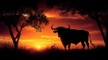 Naklejka premium A silhouette of a bull standing in a field at sunset with trees on either side.