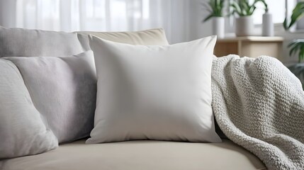 A plain throw pillow on a cozy couch, in a stylish living room with blankets and decor, ideal for home decor or quote mockups.