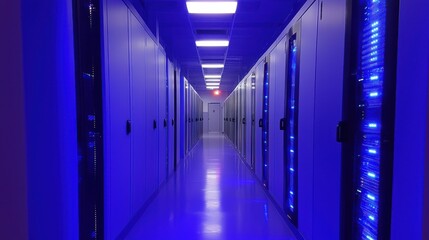 Futuristic Data Center Corridor with Blue Lighting