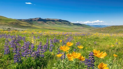 Obraz premium A field of vibrant wildflowers under a clear blue sky