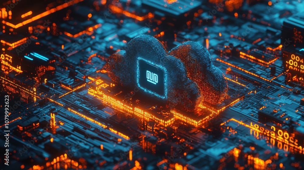 Poster digital cloud technology with neon circuit background