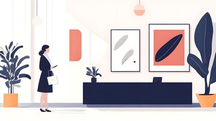 A receptionist greeting a visitor in a sleek, contemporary office lobby with minimalist design, artwork, and potted plants