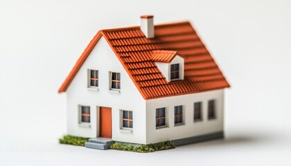 A small white house model with a red roof, windows, and a door, sitting on a white background.