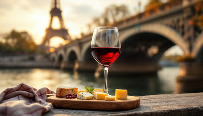 Naklejka premium A cozy Parisian scene by the Seine River featuring wine, cheese, and iconic landmarks.