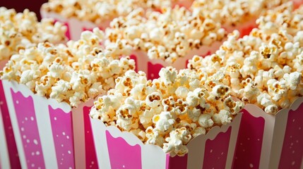 Delicious popcorn in colorful containers ready for movie night at the cinema