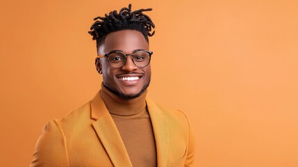 Fototapeta premium Confident Person with Warm Open Smile Standing Against a Vibrant Orange Background, Exuding Positivity and Approachability in Portrait Format