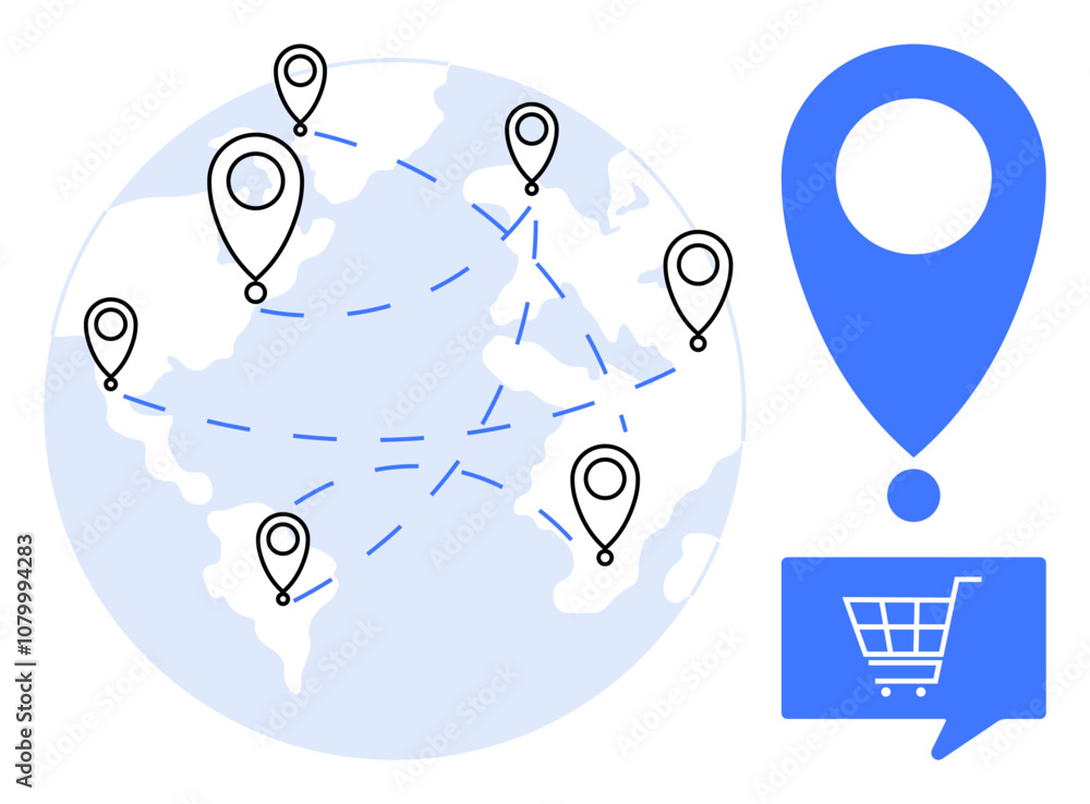 Poster map of the world with interconnected location pins illustrating a network. blue location pin and sho