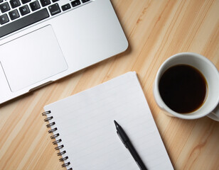 Coffee, Pen, Notebook.